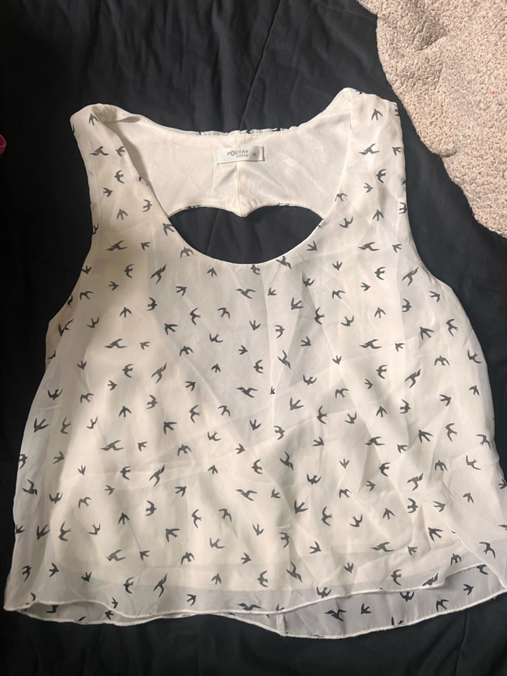 Poetry White Camisole with Black Bird Print and Keyhole Back